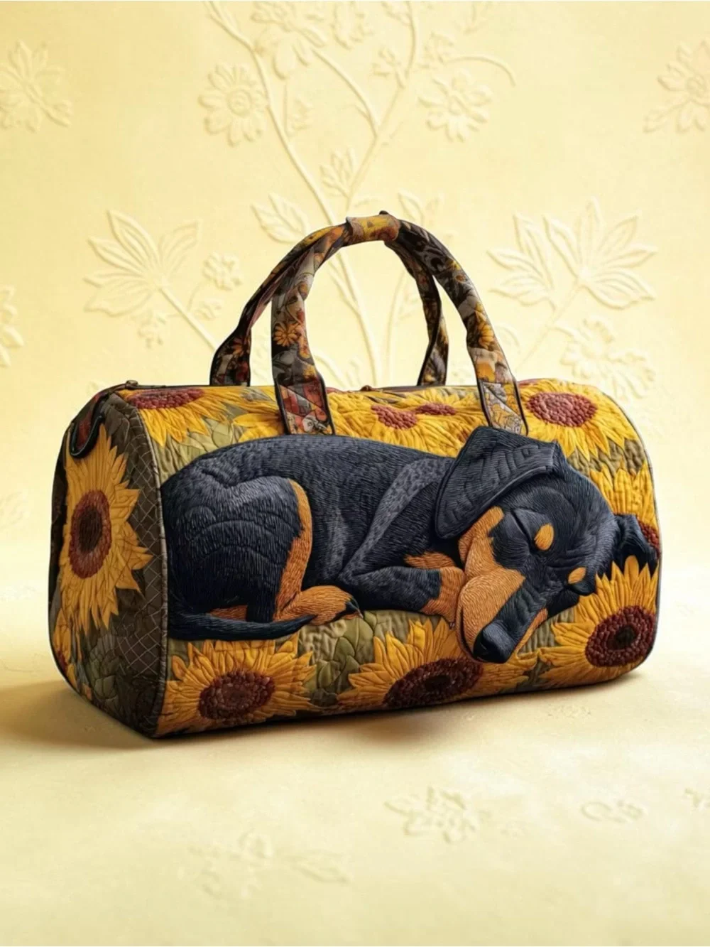 Dachshund Quilted Duffle Bag Sunflower Dog Mom Weekender Overnight Travel Tote
